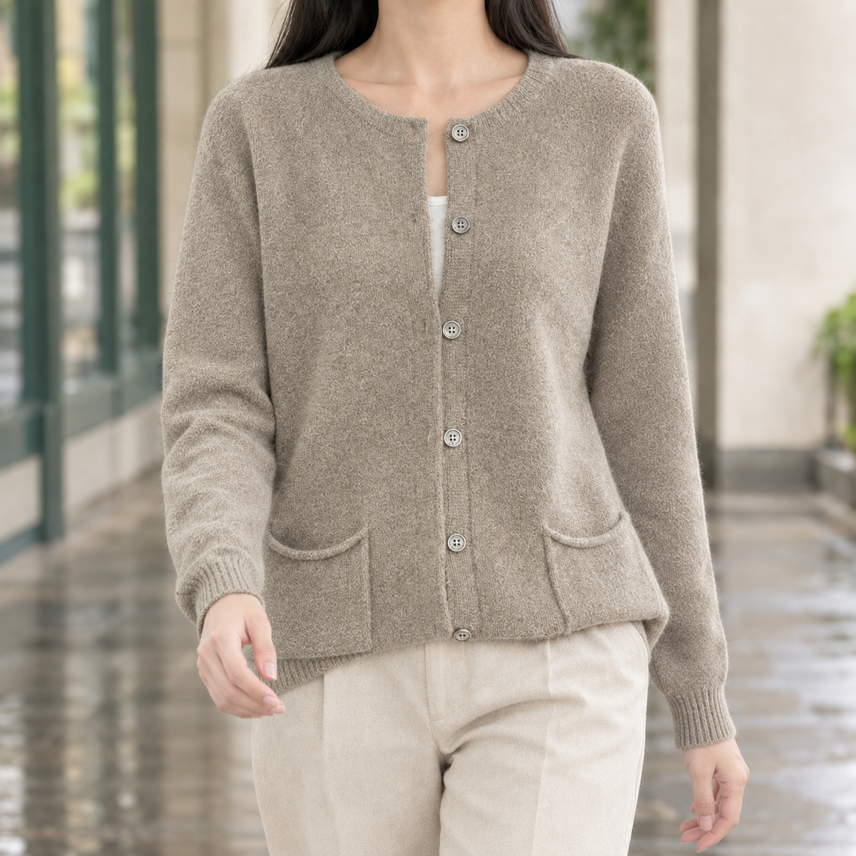 Women's Round Neck Button-Up Knit Cardigan