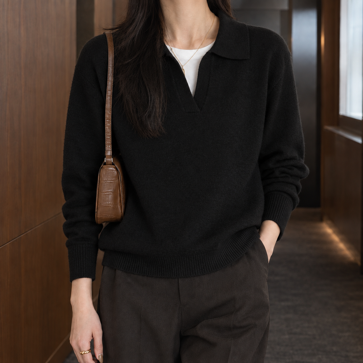 Women's Relaxed Fit V-Neck Collared Knit Sweater