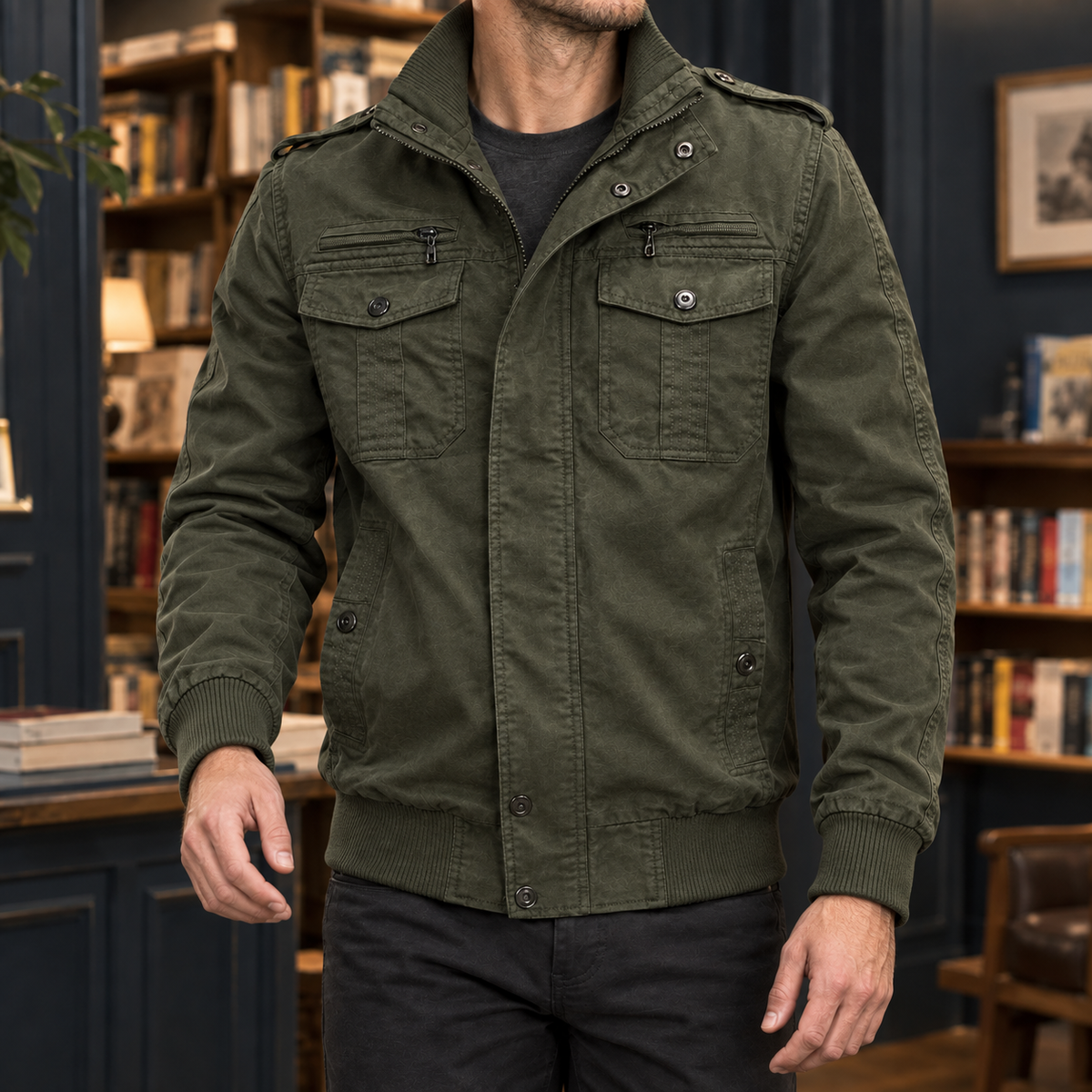 Herren-Bomberjacke mit Stehkragen und mehreren Taschen