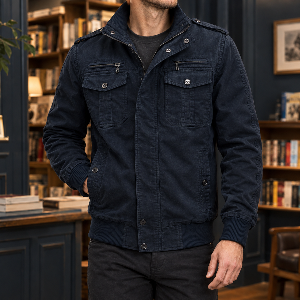 Herren-Bomberjacke mit Stehkragen und mehreren Taschen