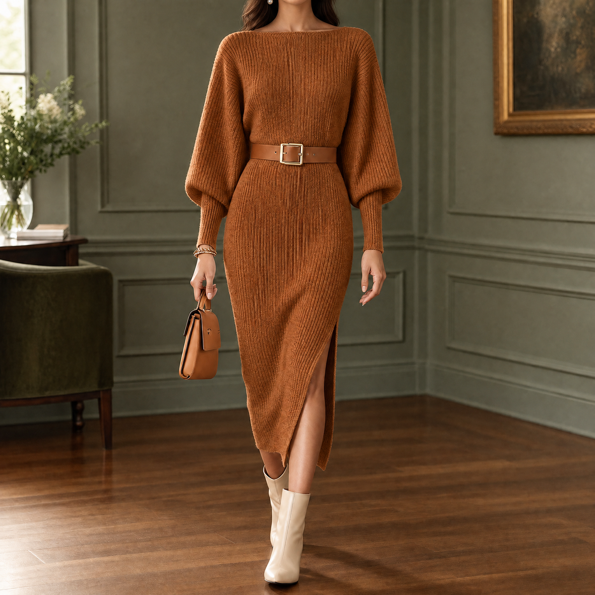 Women's Ribbed Knit Batwing Sleeve Midi Dress