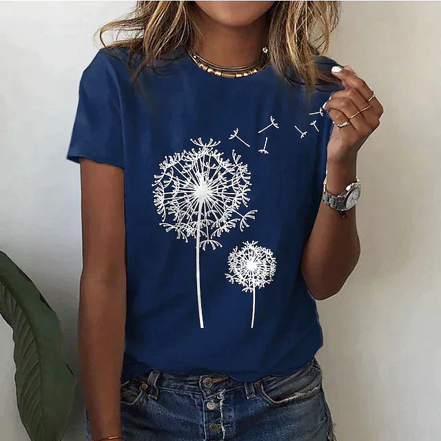 Women's Graphic T-Shirt with Dandelion Print and Short Sleeves