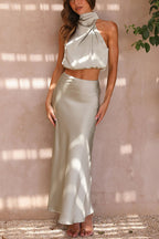 Damen Satin Zweiteiler mit Neckholder-Top und Maxirock für elegante Anlässe