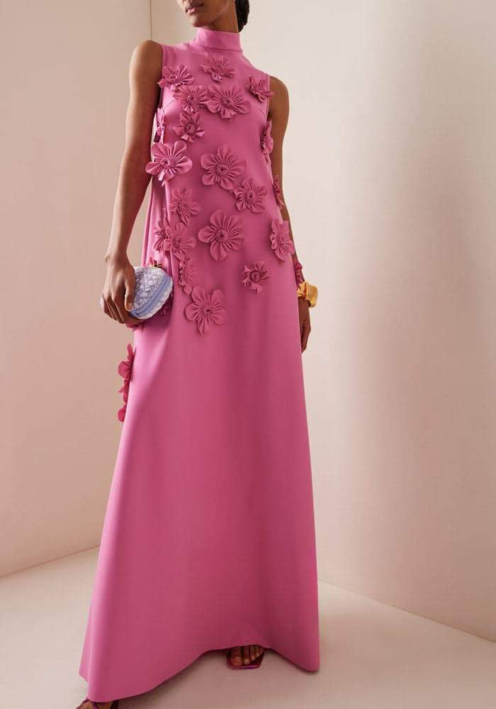 Damen Maxikleid mit 3D-Blumenapplikationen und eleganter, fließender Silhouette