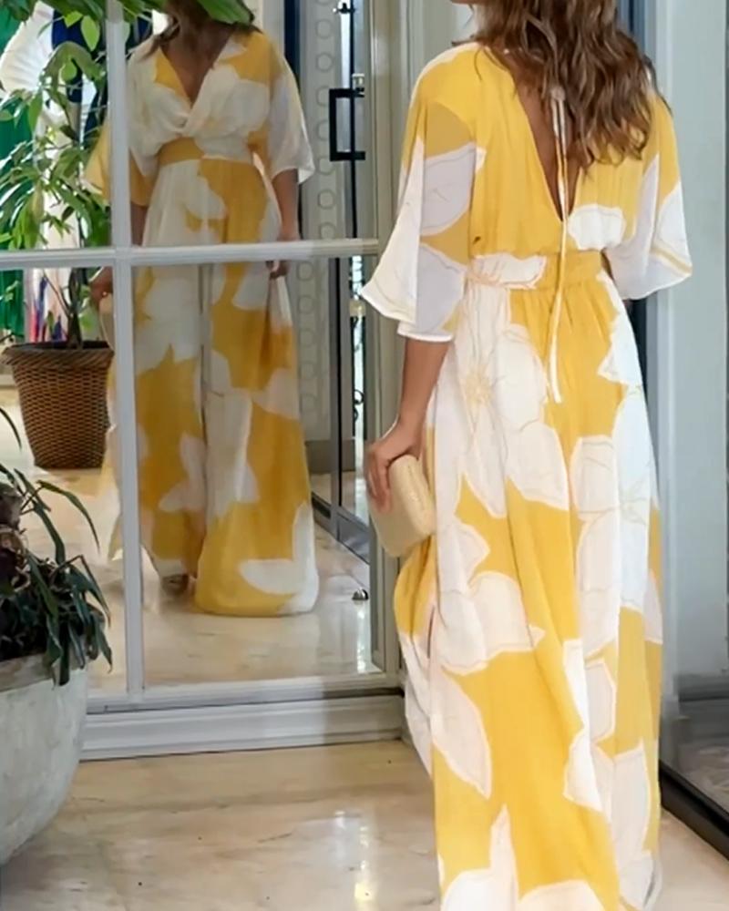 Women's Floral Maxi Dress with V-Neck and Flowy Sleeves for Special Occasions