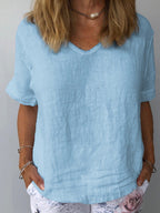 Women's Casual Crew Neck Linen Blend Blouse with Relaxed Fit