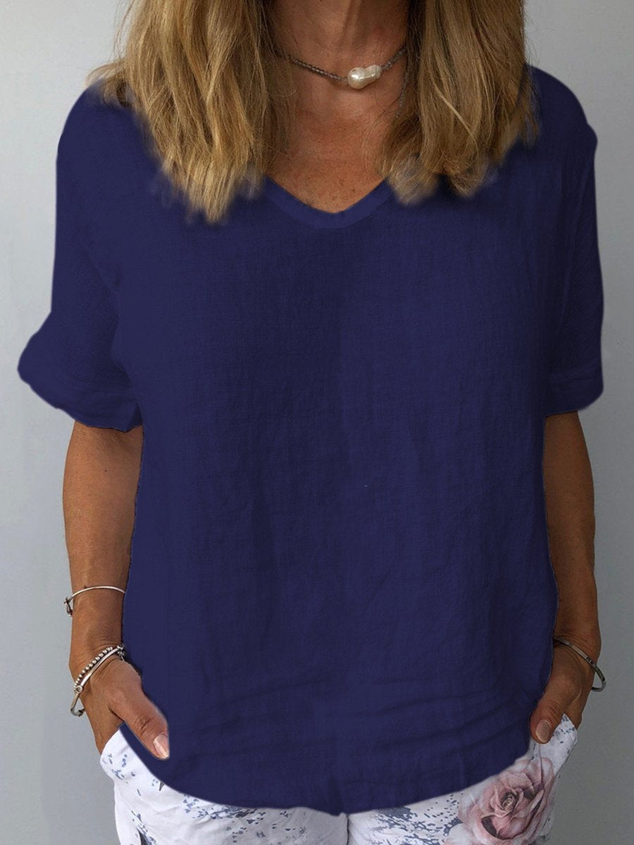 Blouse décontractée pour femme en mélange de lin à col rond avec coupe décontractée