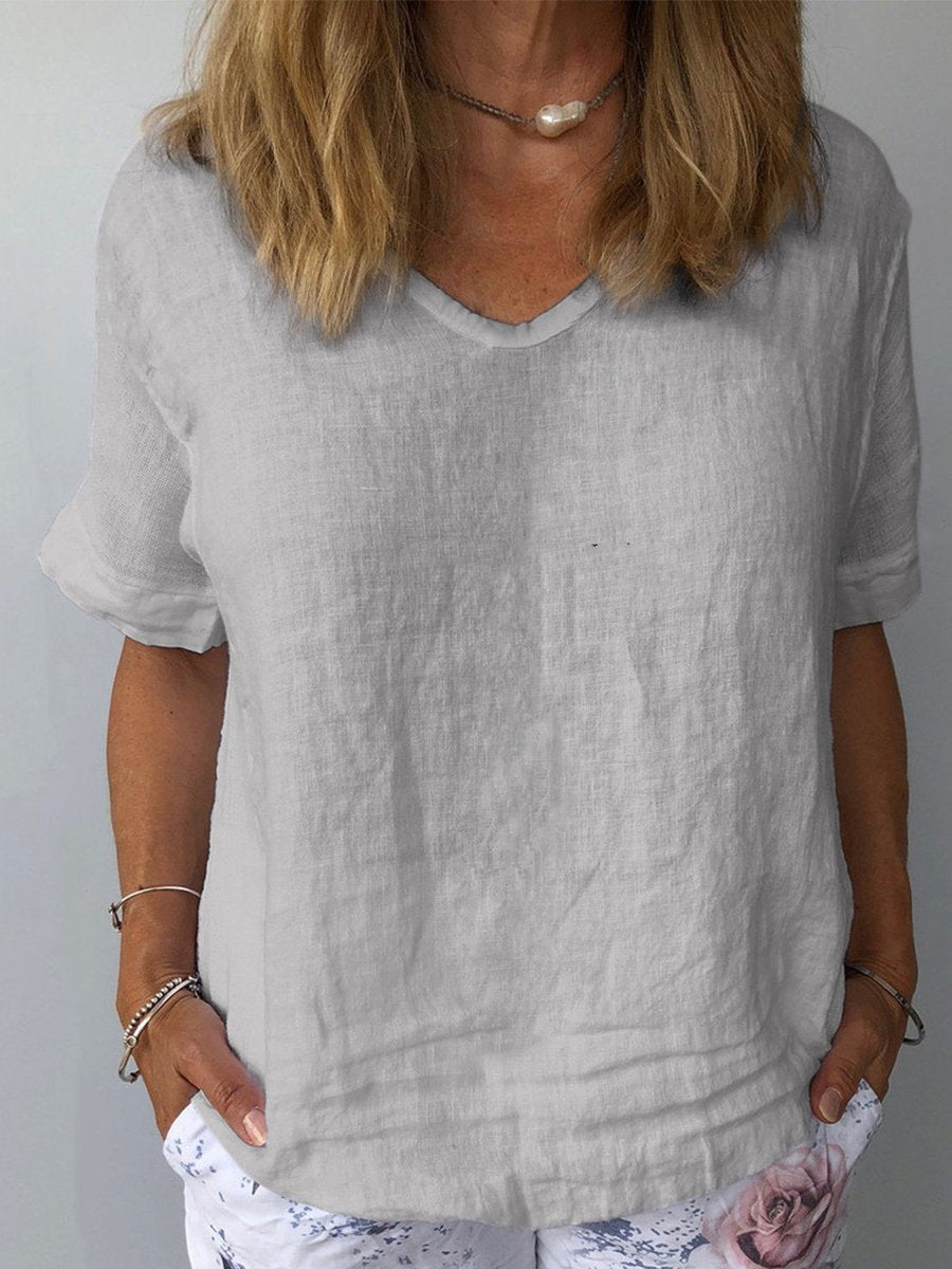Blouse décontractée pour femme en mélange de lin à col rond avec coupe décontractée