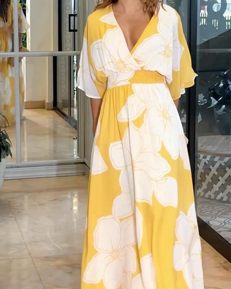 Women's Floral Maxi Dress with V-Neck and Flowy Sleeves for Special Occasions