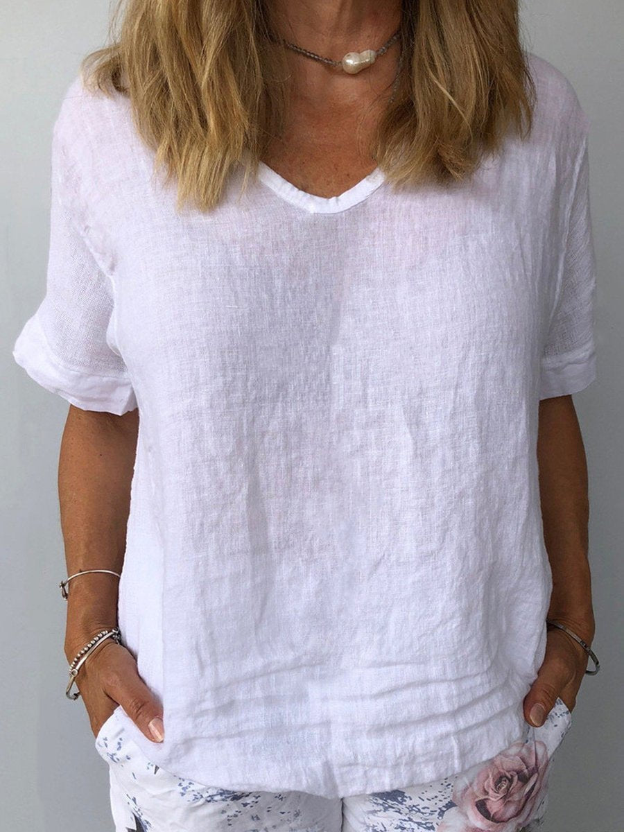 Blouse décontractée pour femme en mélange de lin à col rond avec coupe décontractée