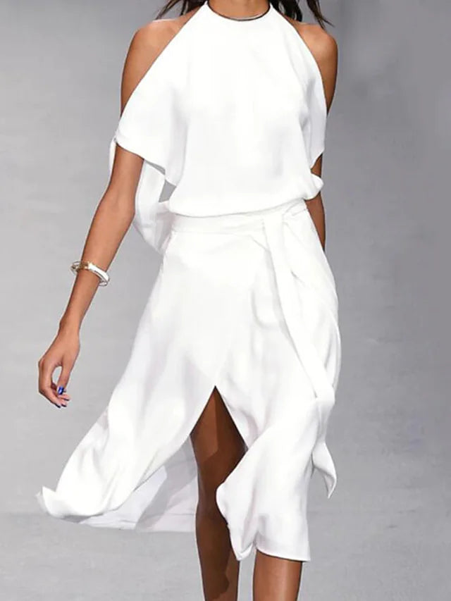Women's Halter Neck Dress with Asymmetric Hem and Flowing Fit for Elegant Occasions