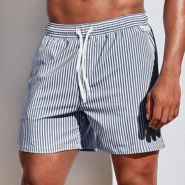 Men's Pinstripe Swim Shorts with Drawstring Waist for Beach Holidays