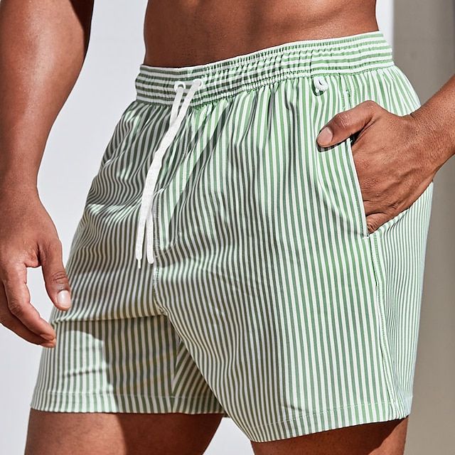 Men's Pinstripe Swim Shorts with Drawstring Waist for Beach Holidays