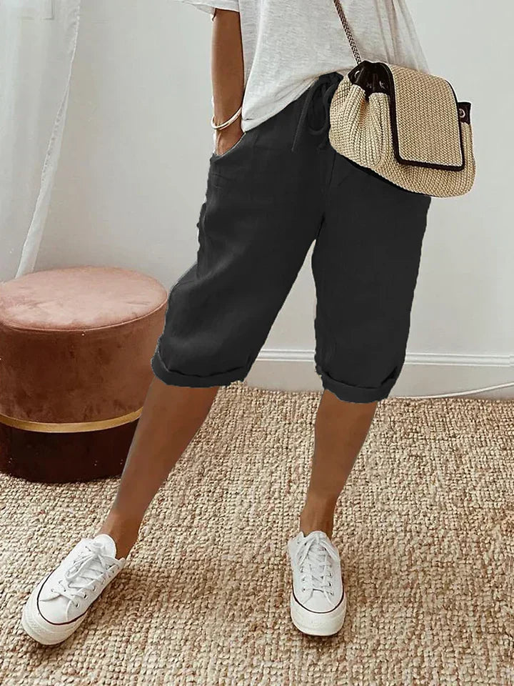 Damen Locker sitzende Shorts aus Baumwoll-Leinen mit verstellbarer Taille und bequemer Passform