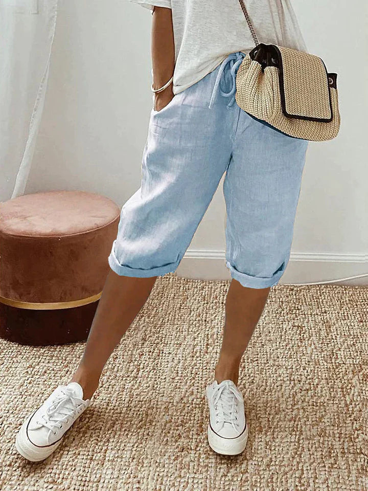 Damen Locker sitzende Shorts aus Baumwoll-Leinen mit verstellbarer Taille und bequemer Passform