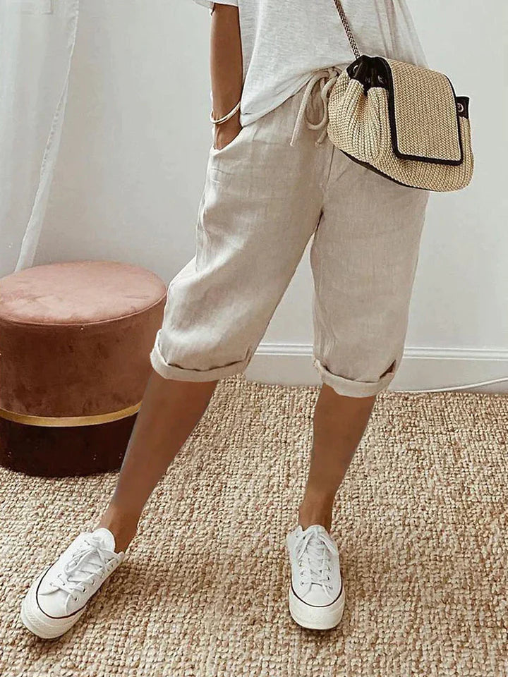 Damen Locker sitzende Shorts aus Baumwoll-Leinen mit verstellbarer Taille und bequemer Passform