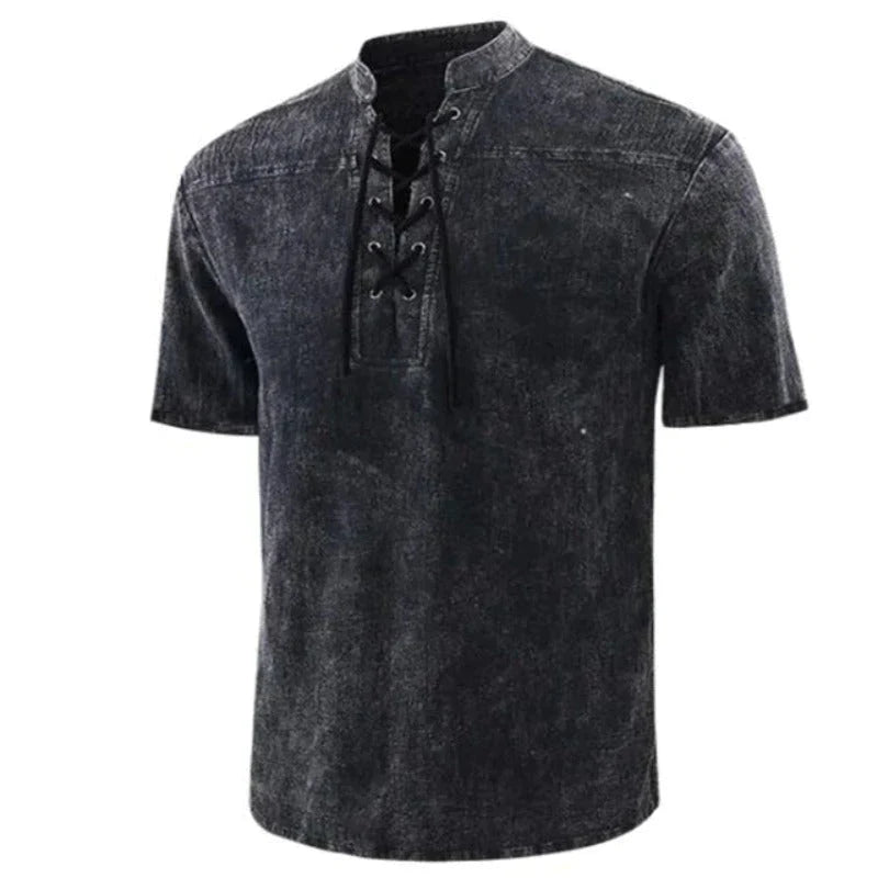 Men's Tie-Dye V-Neck Shirt with Drawstring Detail and Relaxed Fit for Casual Wear