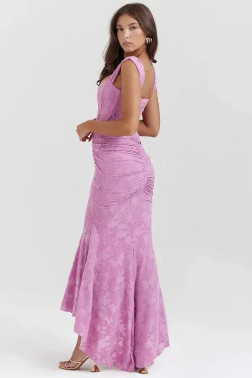Elegant Corset Maxi Dress with Ruched Waist and High Low Hem Detail