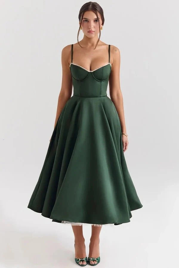 Women's Corset Midi Dress with Tulle Skirt and Structured Bodice Design