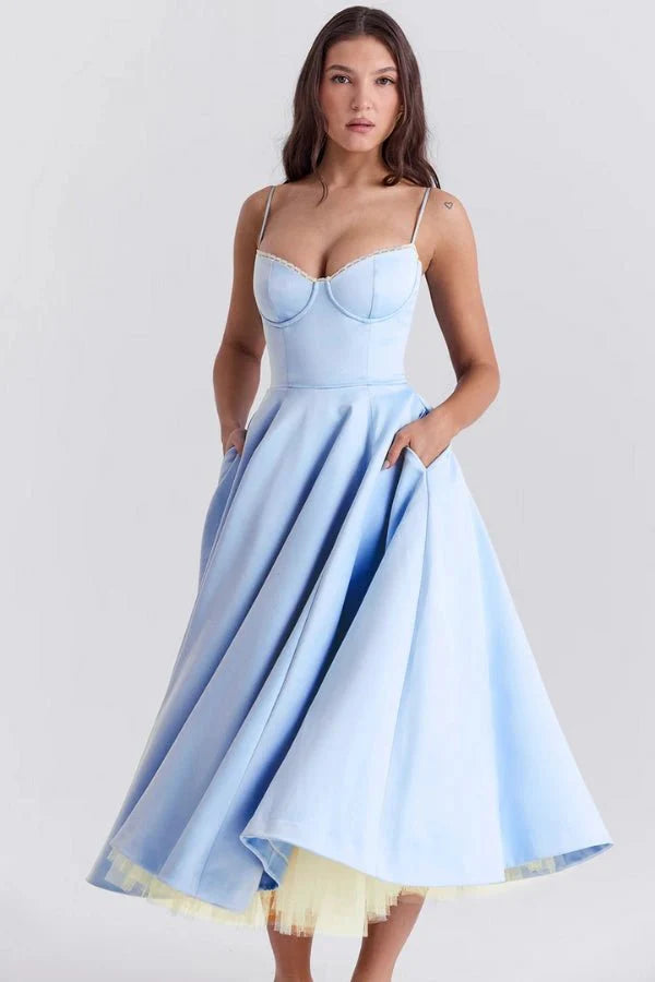 Damen Midikleid mit Korsett, Tüllrock und strukturiertem Oberteil
