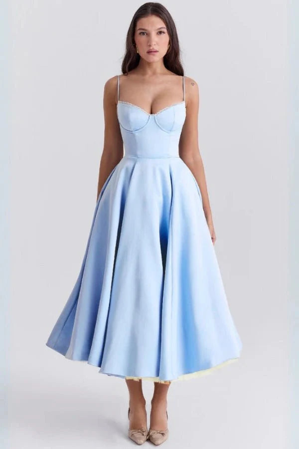 Women's Corset Midi Dress with Tulle Skirt and Structured Bodice Design
