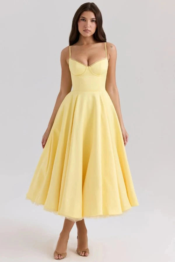 Women's Corset Midi Dress with Tulle Skirt and Structured Bodice Design