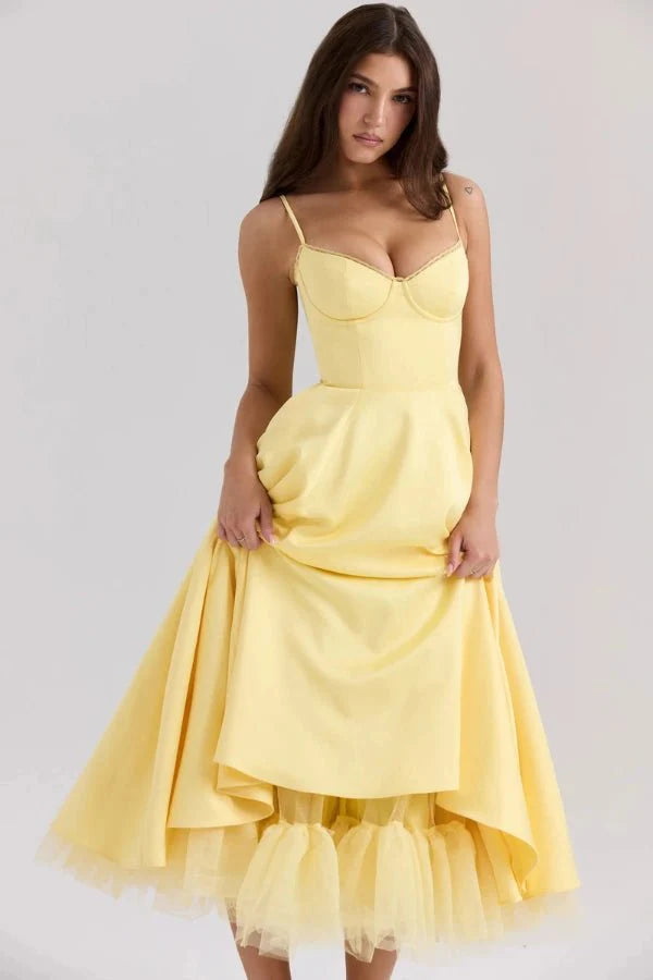 Damen Midikleid mit Korsett, Tüllrock und strukturiertem Oberteil
