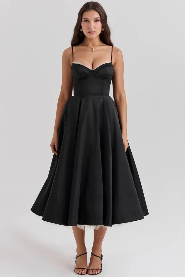 Women's Corset Midi Dress with Tulle Skirt and Structured Bodice Design