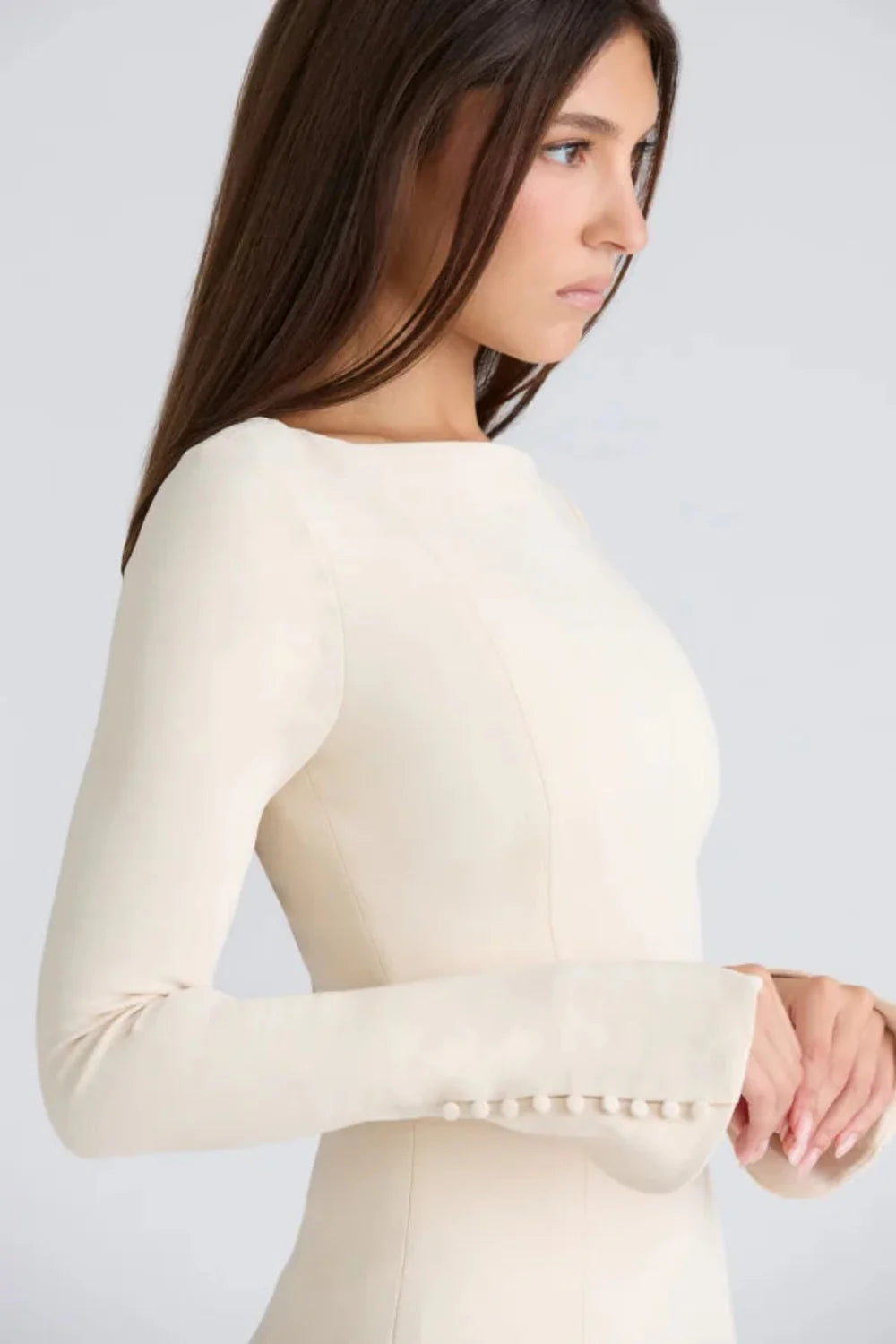 Damen elegantes Minikleid mit Bootsausschnitt, ausgestelltem Rock und langen Ärmeln