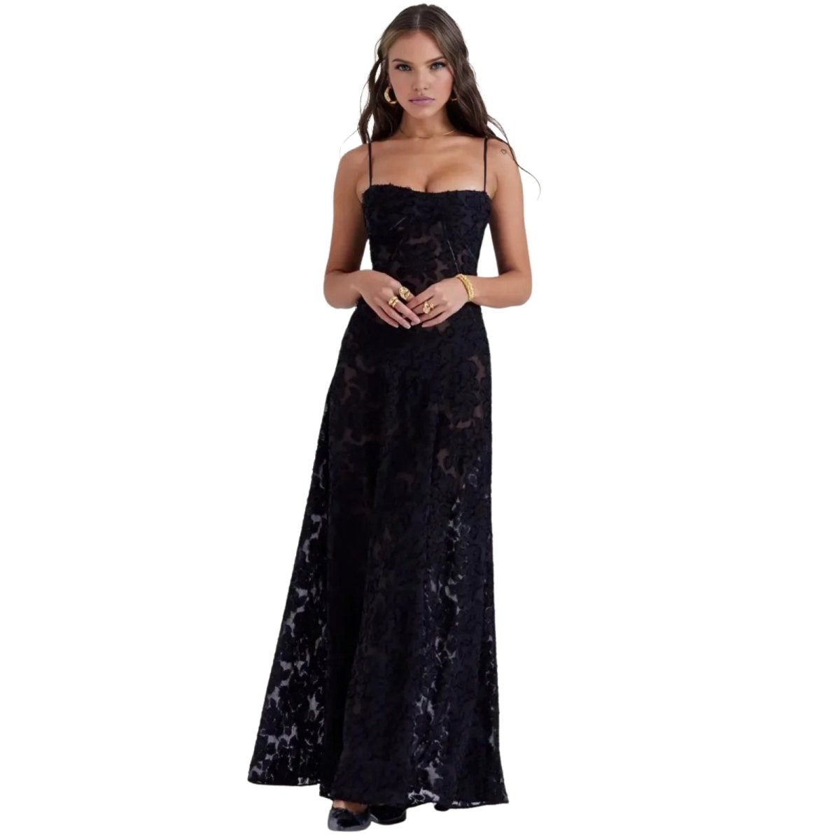 Damenmaxikleid mit Blumenmuster, Korsettoberteil und fließender Silhouette
