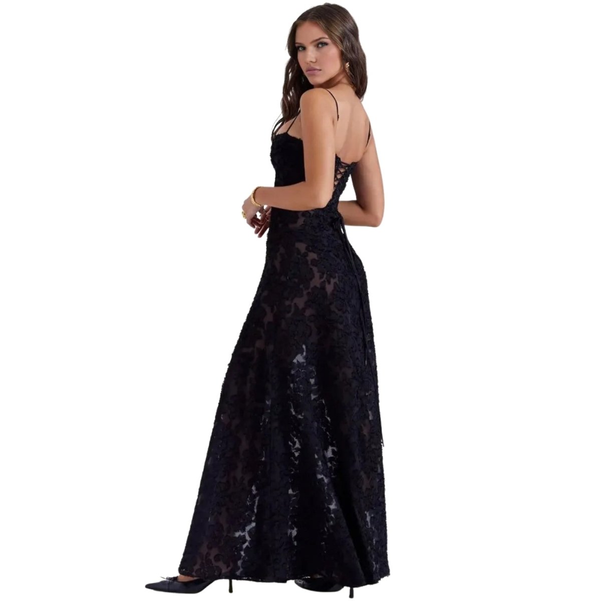 Damenmaxikleid mit Blumenmuster, Korsettoberteil und fließender Silhouette