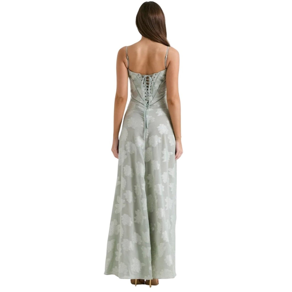 Damenmaxikleid mit Blumenmuster, Korsettoberteil und fließender Silhouette