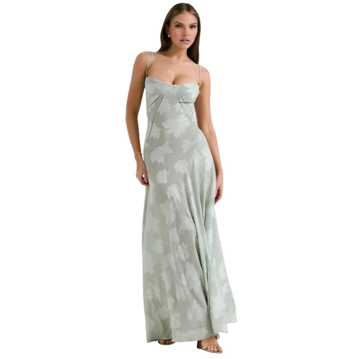 Damenmaxikleid mit Blumenmuster, Korsettoberteil und fließender Silhouette