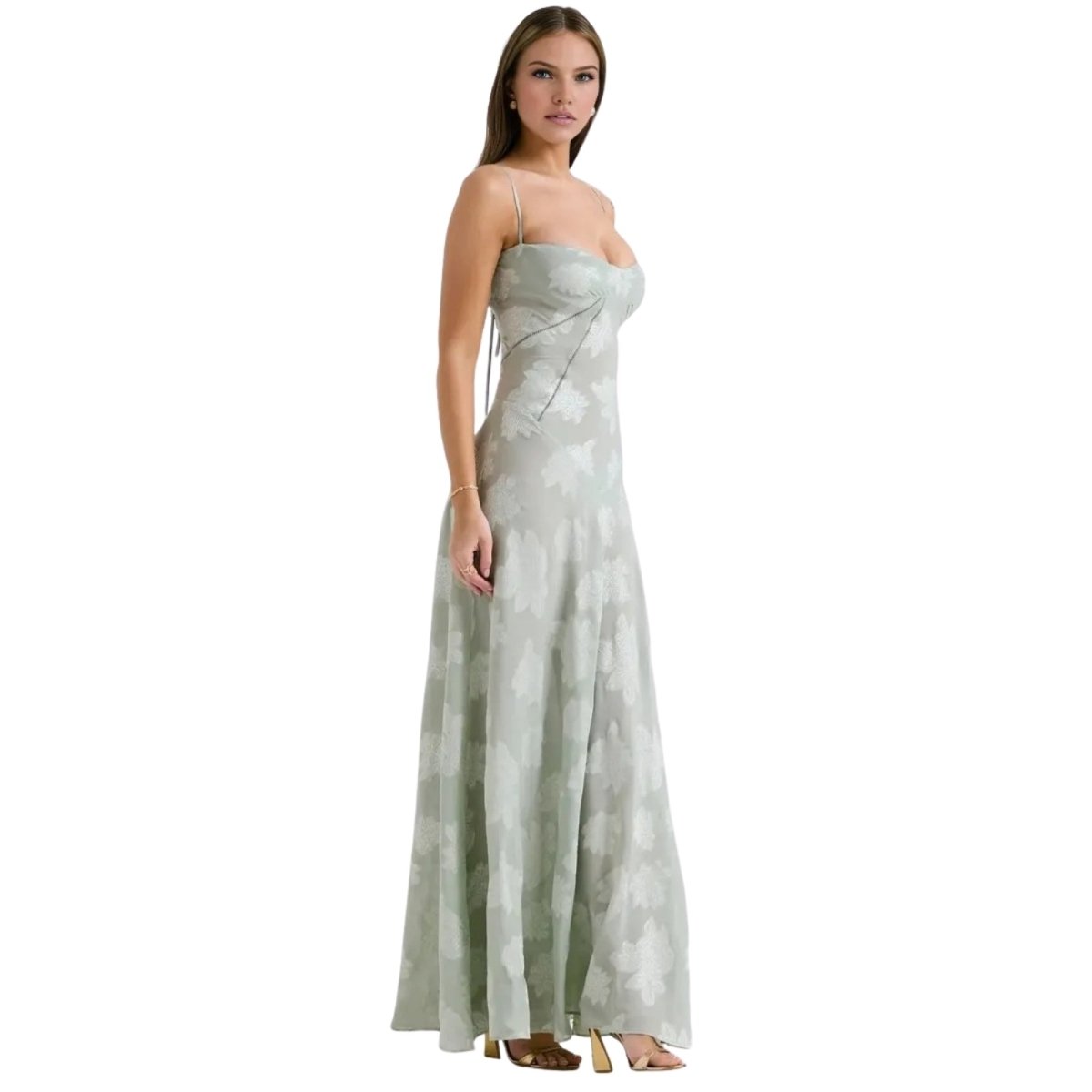 Damenmaxikleid mit Blumenmuster, Korsettoberteil und fließender Silhouette