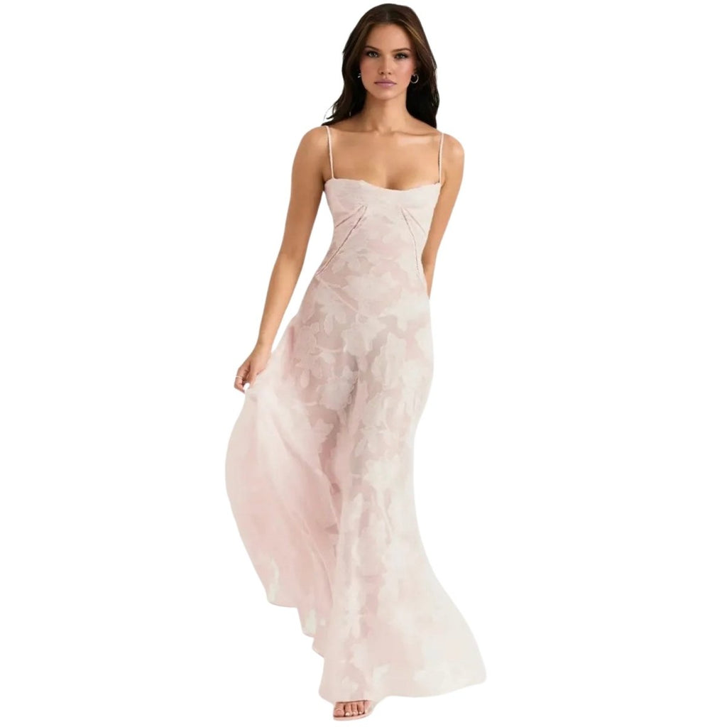 Damenmaxikleid mit Blumenmuster, Korsettoberteil und fließender Silhouette