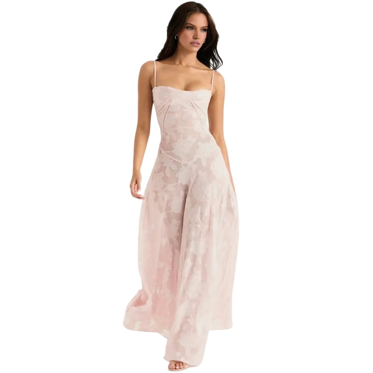 Damenmaxikleid mit Blumenmuster, Korsettoberteil und fließender Silhouette