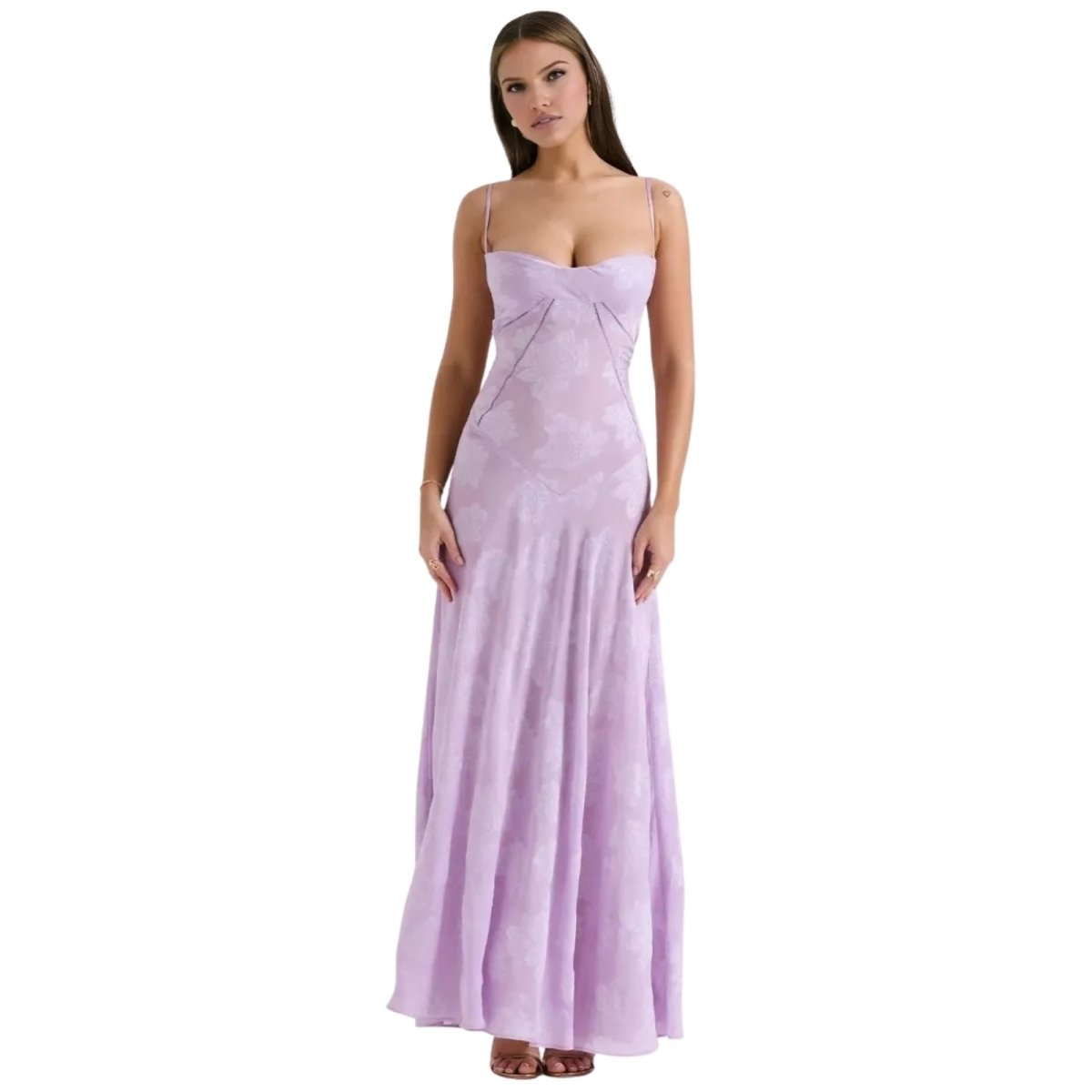 Damenmaxikleid mit Blumenmuster, Korsettoberteil und fließender Silhouette