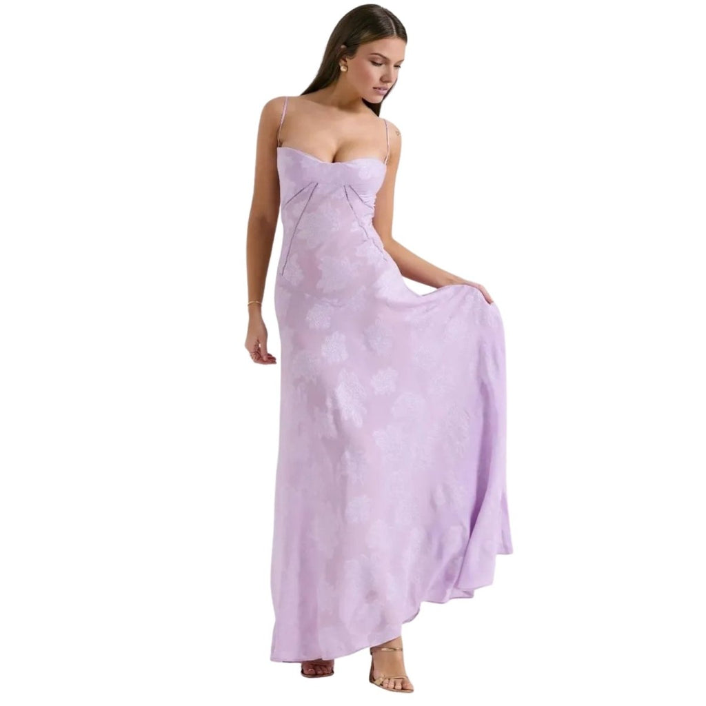 Damenmaxikleid mit Blumenmuster, Korsettoberteil und fließender Silhouette