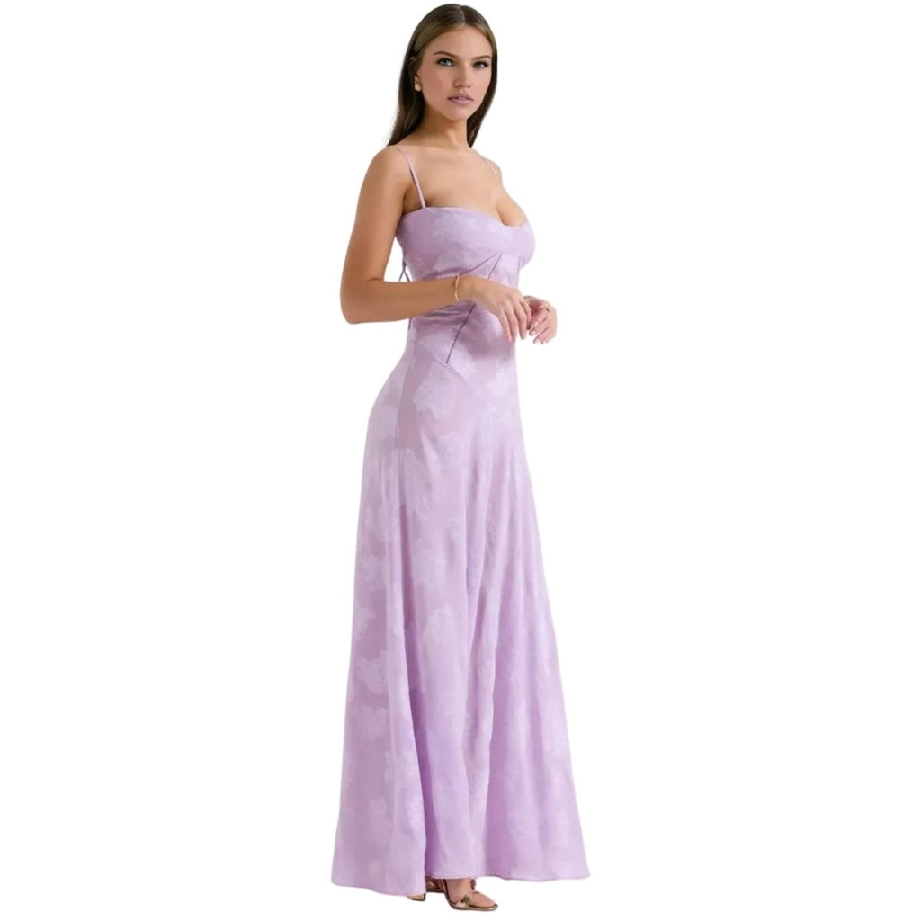Damenmaxikleid mit Blumenmuster, Korsettoberteil und fließender Silhouette