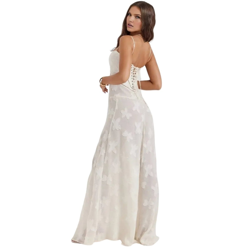 Damenmaxikleid mit Blumenmuster, Korsettoberteil und fließender Silhouette