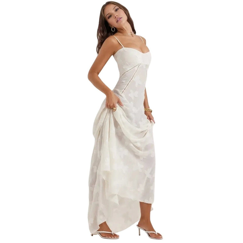 Damenmaxikleid mit Blumenmuster, Korsettoberteil und fließender Silhouette