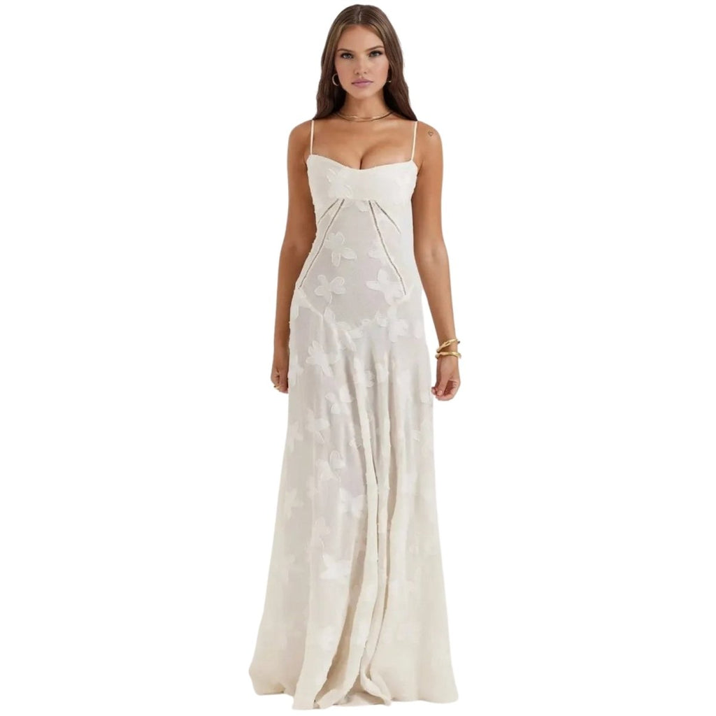 Damenmaxikleid mit Blumenmuster, Korsettoberteil und fließender Silhouette