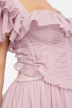 Damen Maxikleid mit Carmenausschnitt, Rüschenschichten und Korsett-Oberteil