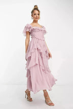 Damen Maxikleid mit Carmenausschnitt, Rüschenschichten und Korsett-Oberteil