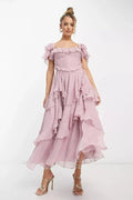 Damen Maxikleid mit Carmenausschnitt, Rüschenschichten und Korsett-Oberteil