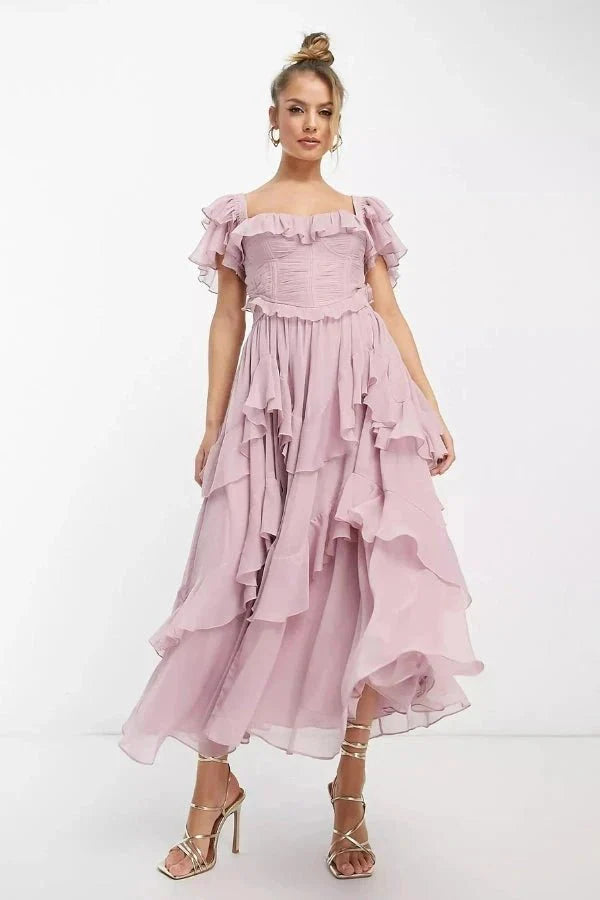 Damen Maxikleid mit Carmenausschnitt, Rüschenschichten und Korsett-Oberteil