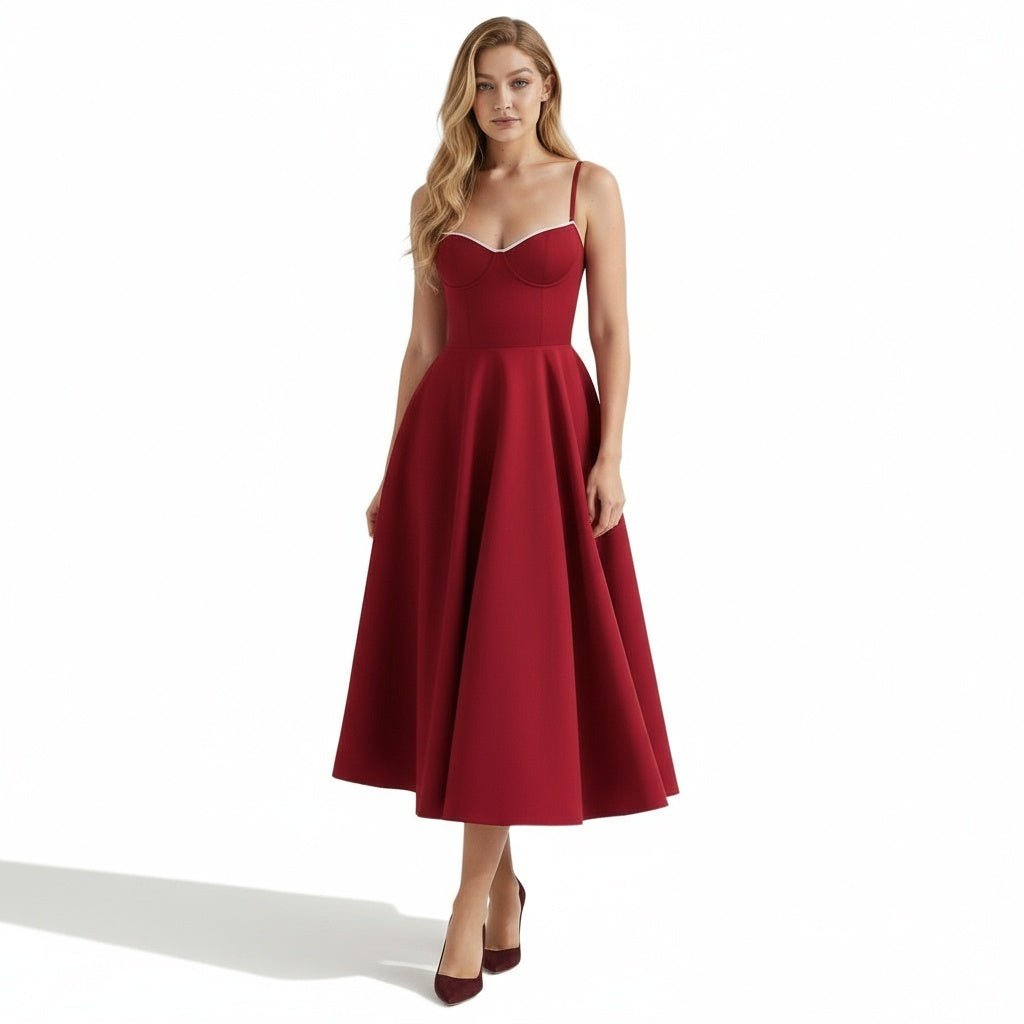 Women's Corset Midi Dress with Tulle Skirt and Structured Bodice Design