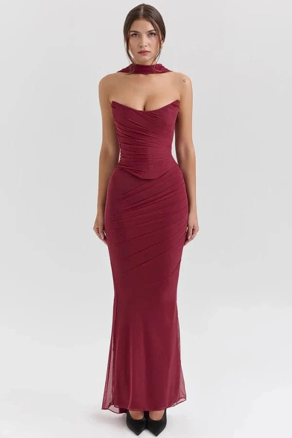 Damen trägerloses Maxikleid mit Korsettoberteil und geraffter Meerjungfrauen-Silhouette