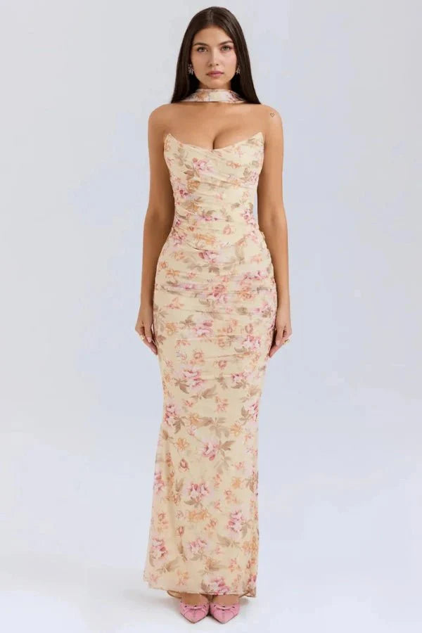 Damen trägerloses Maxikleid mit Korsettoberteil und geraffter Meerjungfrauen-Silhouette