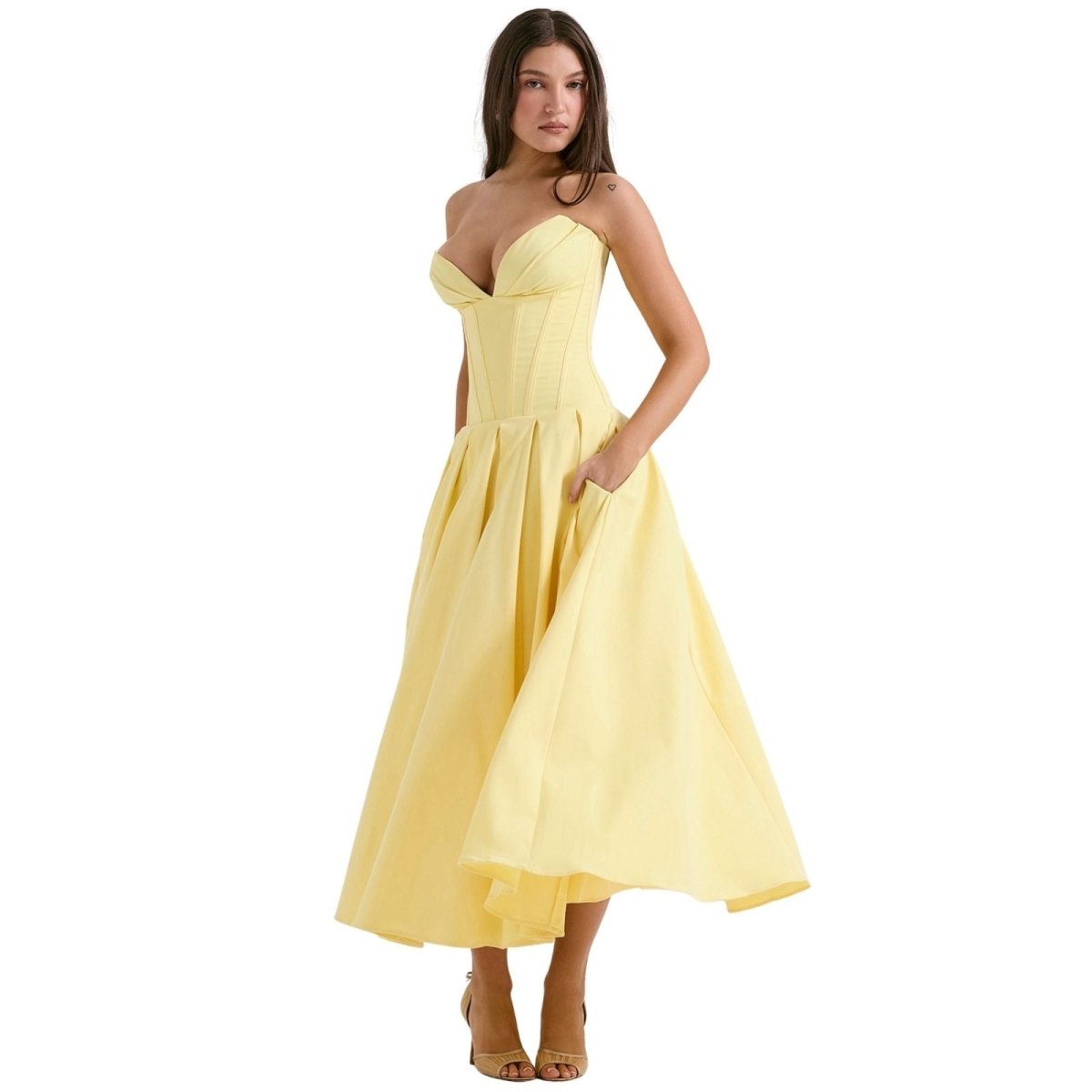 Damenmidikleid mit Korsettoberteil, voluminösem Rock und strukturiertem Design